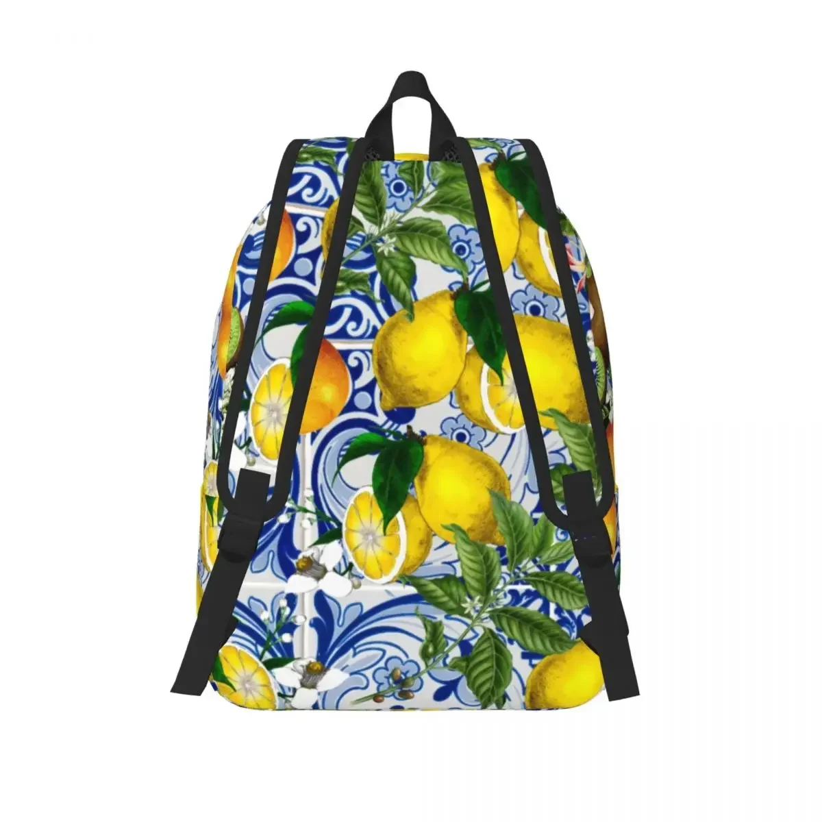 مخصص البحر الأبيض المتوسط الليمون على بلاط السيراميك الأزرق السفر حقيبة من القماش الكمبيوتر المحمول الكتب الصيف الحمضيات الفاكهة كلية Daypack أكياس