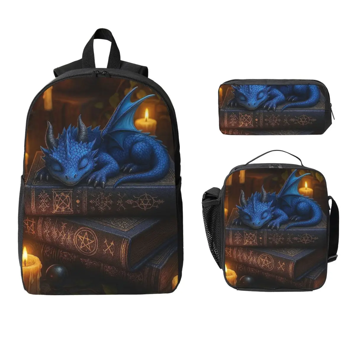 Adorable Dragon Sleeping On The Books Backpack BookBag School Bag Computer Shoulder Bags 3ps Insulated Lunch Bag Pencil Case
