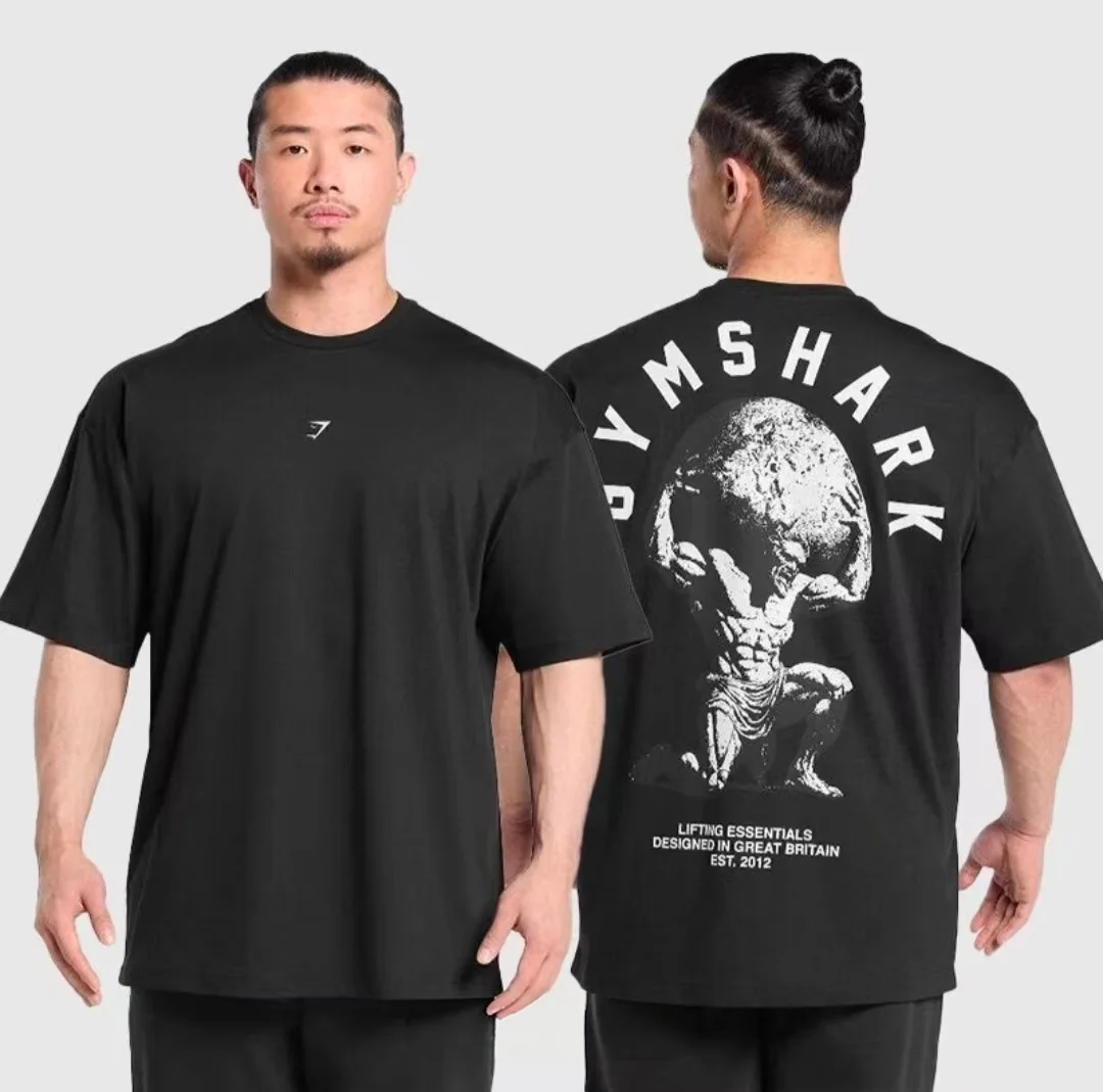 GYM SHARK Men's Loose Fitness Printed T-shirt Heavy Cotton Casual Sports Short Sleeve Street Style Top