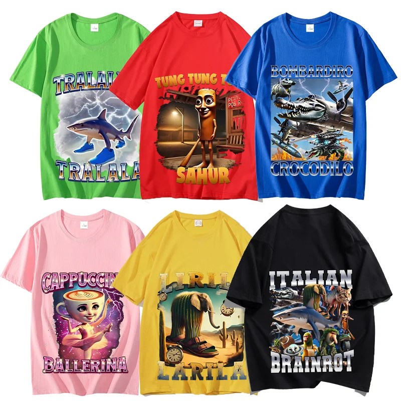 

Italian Brainrot Animals T-shirt Funny Meme Tralala Tung Sahur Tops Brr Patapim Bombardiro Crocodilo Men Women Fashion Loose Tee