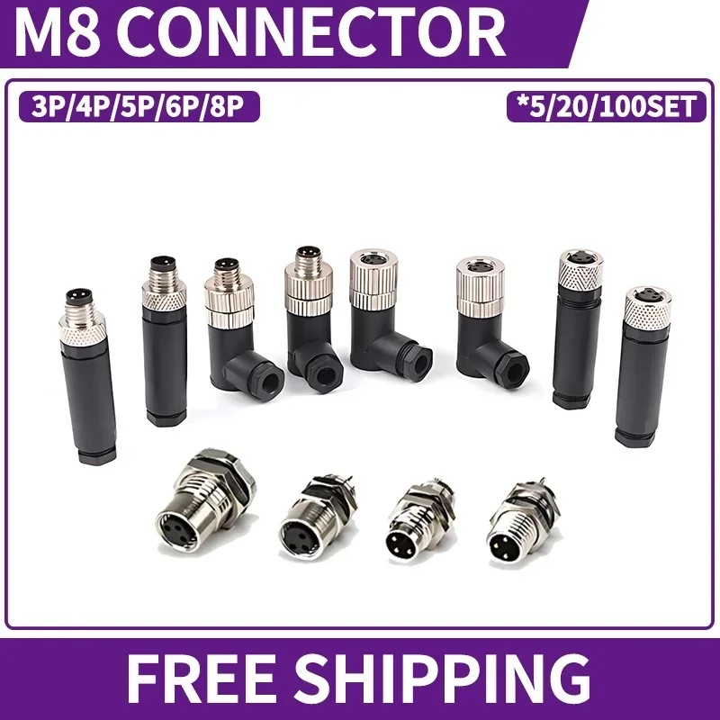 M8 Series Aviation Connector Female Plug Male Socket 3/4/5/6/8 Pin Waterproof Sensor Connectors Straight/Right Angle/Flange