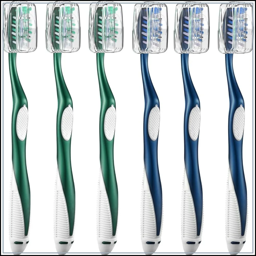

Extra Firm Toothbrushes with Covers for Adults, Cross Hard Bristles, Built-in Tongue Scraper, 6 Count