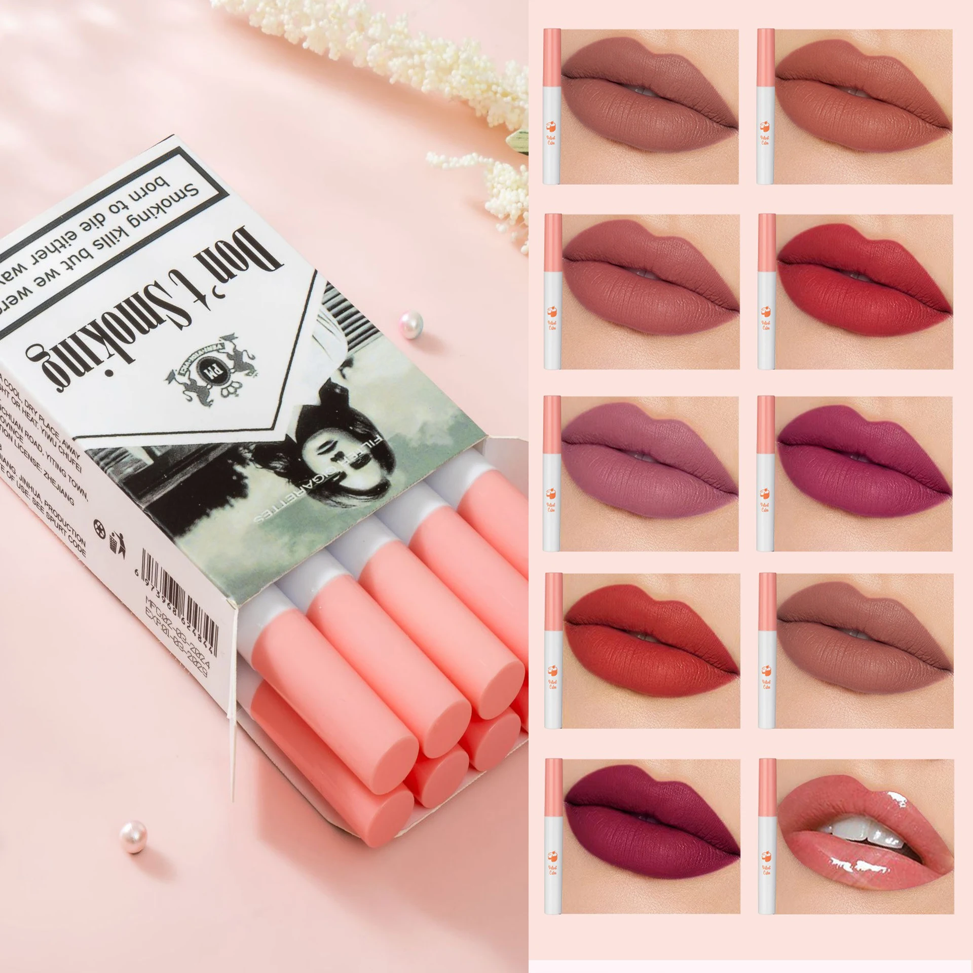 10 Colors Matte Lip Gloss Kit Cigarette Smoke Tube Lipstick 24 Hour Lasting Lip Tint Stain Set Waterproof Glossy Lip Oil Make Up