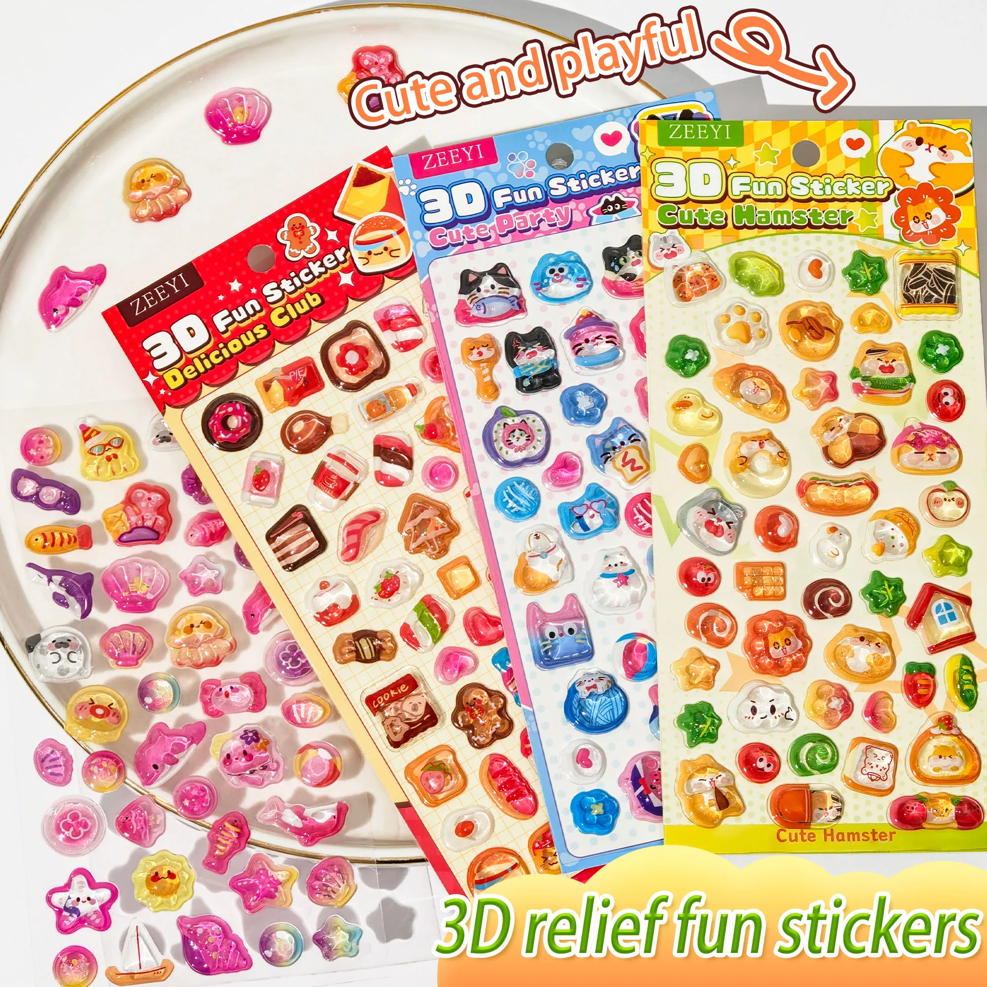 Ins Style 3D Stickers, Cute Cartoon-Shaped Resin Stickers, DIY Stickers for Decorating Journals, Phone Cases, and Water Bottles