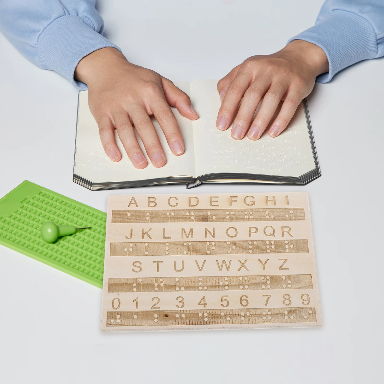

Braille Alphabet Board Blind Bump Dots Chart Books Beginners Kids Learning Tool Large Button Wooden Tracing Board Educational