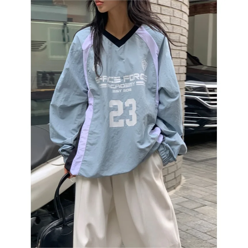 

Четырехцветная толстовка с V-образным вырезом в стиле ретро INS, свободного кроя, с длинными рукавами, для женщин, весна-осень