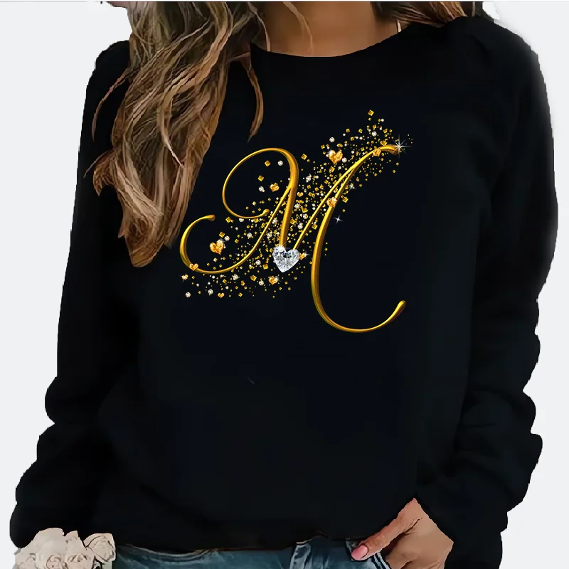 New Women's Hoodie European  Abstract gold Letter Printed Crew-neck Hoodie Sweatshirt  Streetwear Women Aesthetic  NO.M