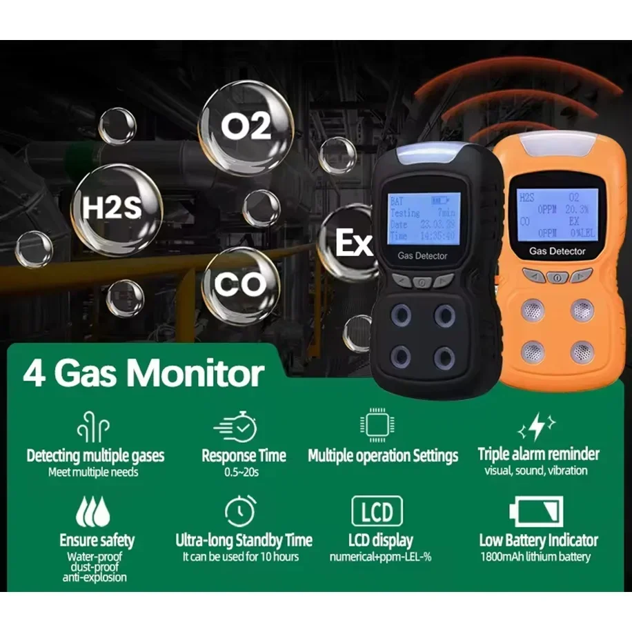 Portable Multi Gas Detector Gas Meter O2 H2S CO EX 4 in 1 Oxygen Hydrogen Sulfide Carbon Monoxide Combustible Gas Leak Detector