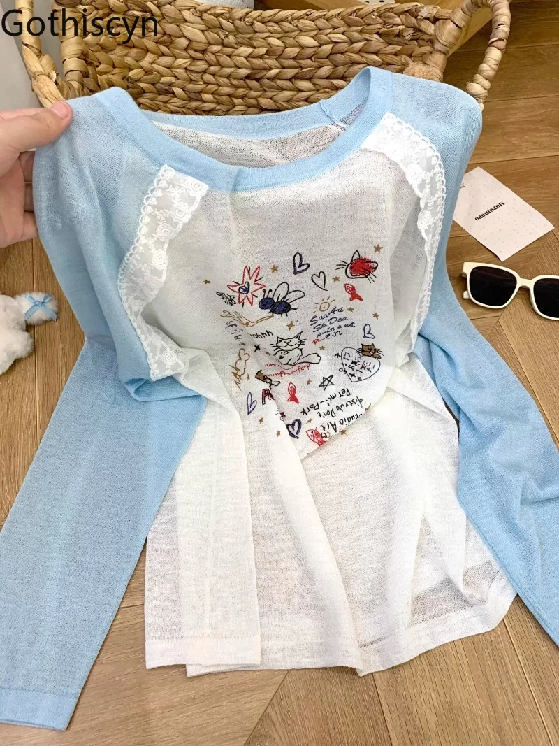

Gothiscyn Lace Patchwork Printed T-shirt for Women's Summer Loose O-neck Long-sleeved Top Fashion Female Clothes