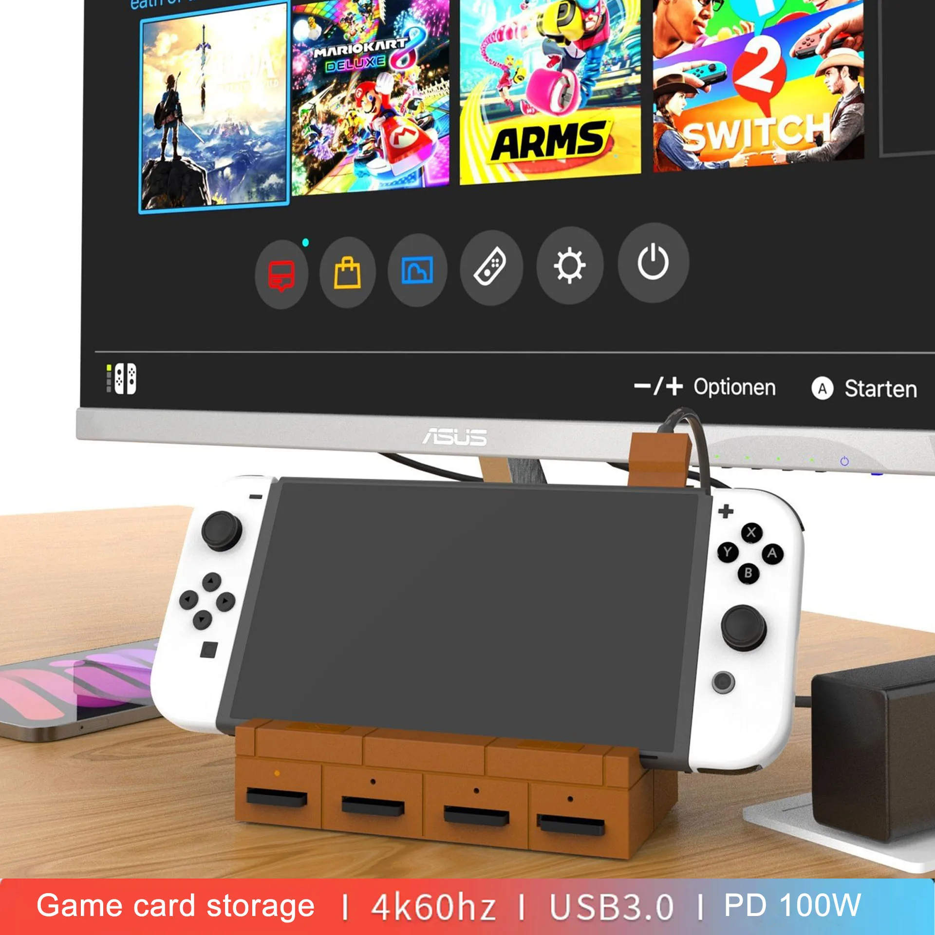 Estação doca para switch 2 hd 4k 60hz suporte de carregamento com slots de armazenamento de cartão de jogo para switch 2 estação doca multifuncional