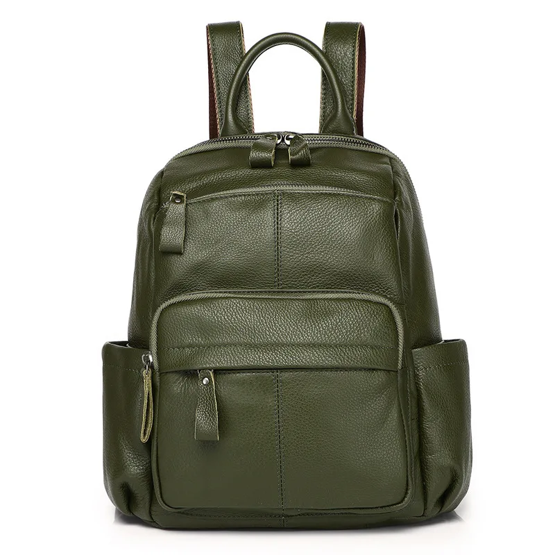 Women Green Genuine Cowhide Leather Backpack Anti Theft Hidden Zipper Multi Pocket Casual Shoulder Bag for Daily Travel