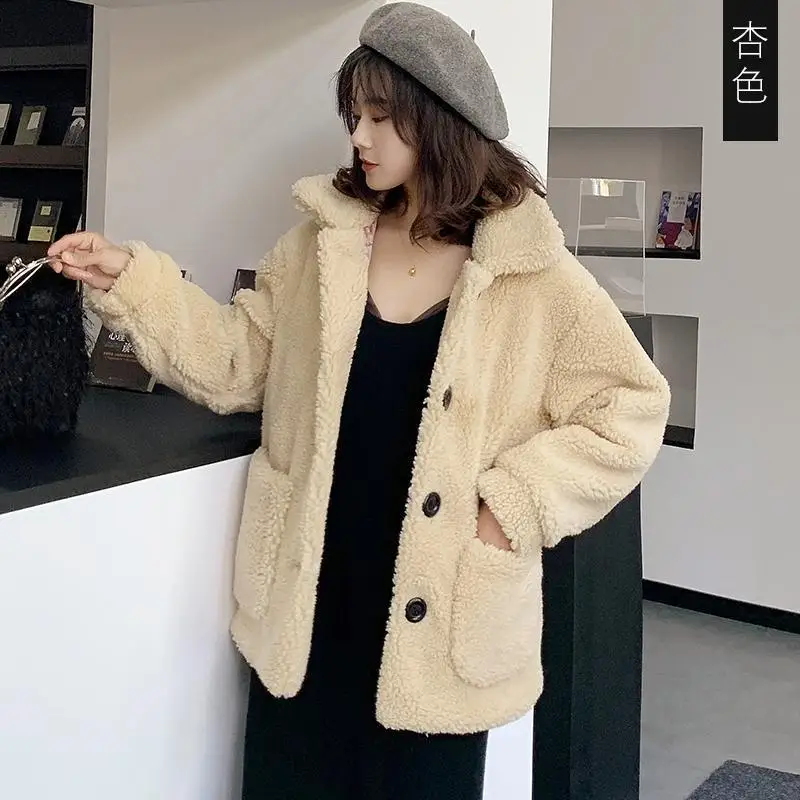 Women Faux Shearling Fur Coats Short Jackets Solid Pocket Turn Down Collar Long Sleeve Single Breasted Thick Casual 2025 Winter