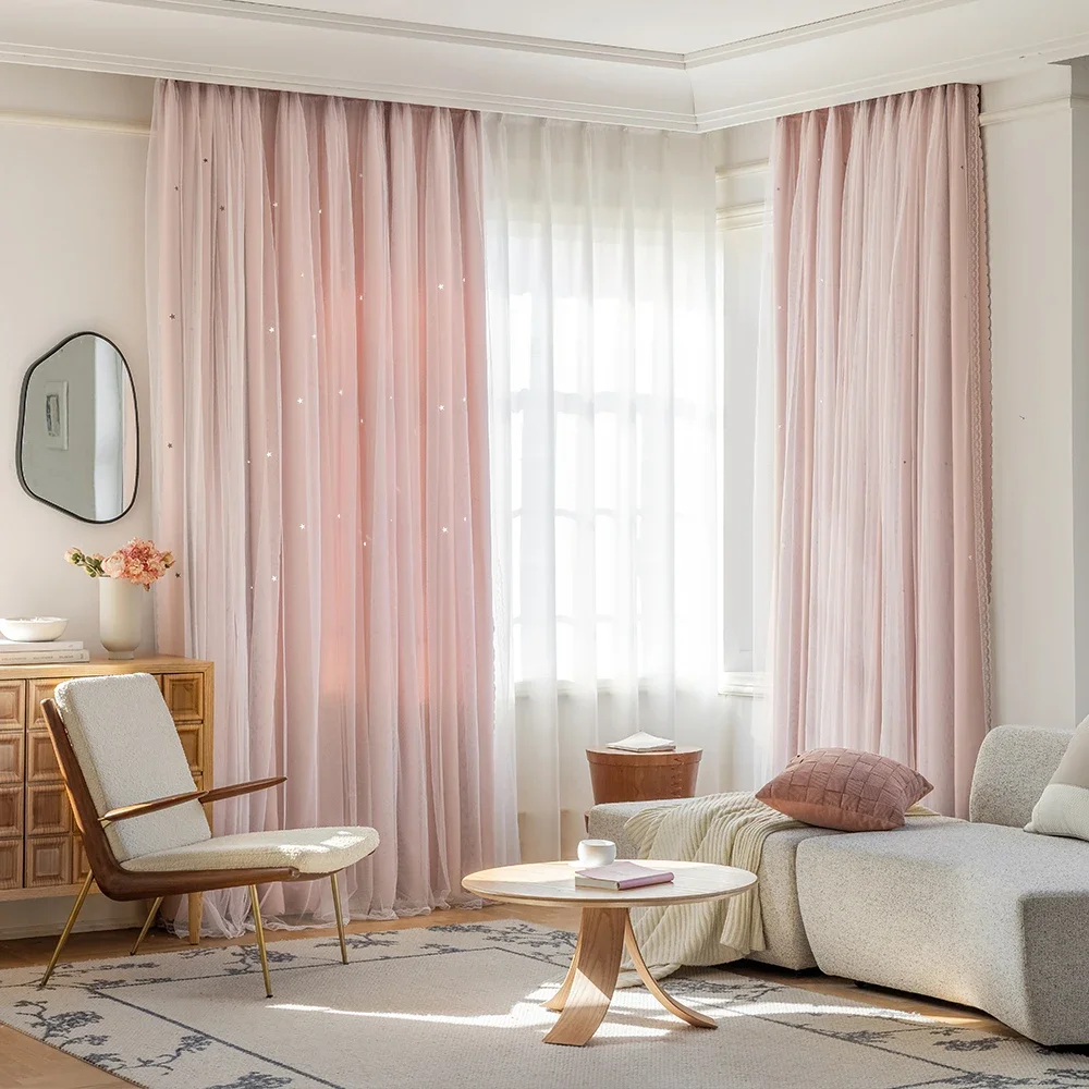 YanYangTian Star Gauze curtain Blackout Window Decorative curtain Princess bed Pink Living room hook punch Partition curtain