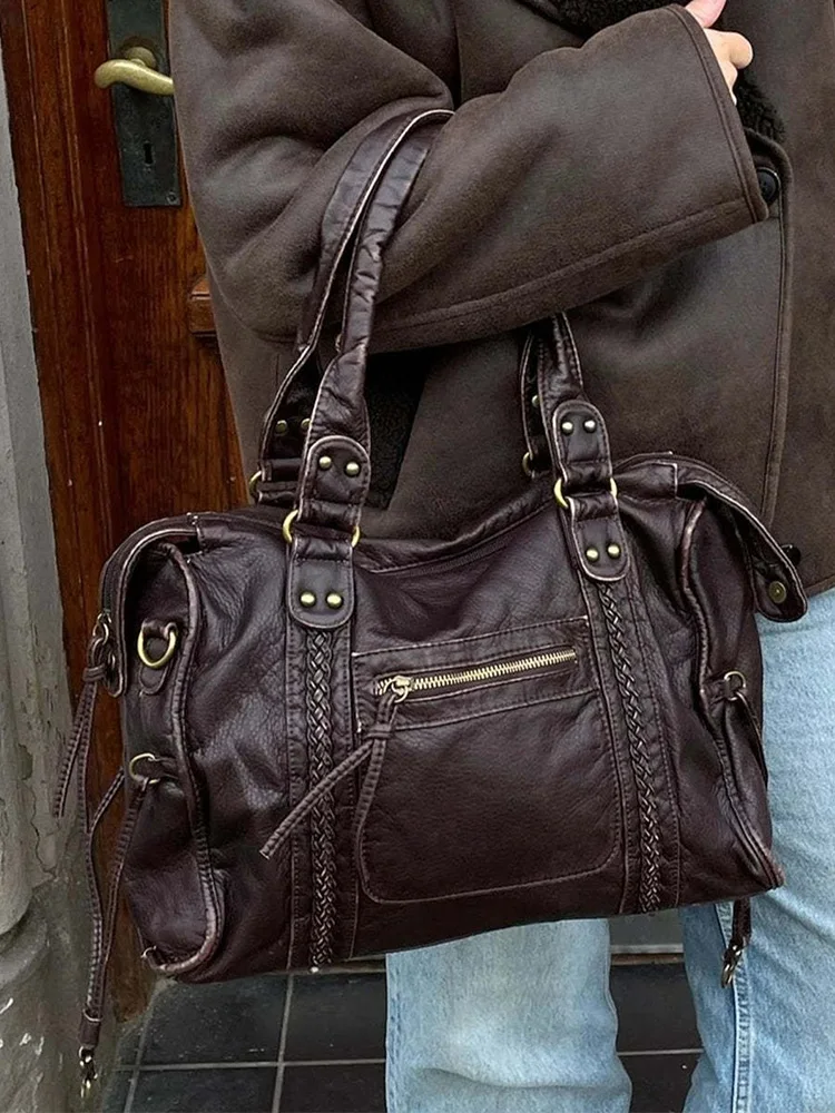 حقيبة ريترو للدراجات النارية من جلد البولي يوريثان، حقائب يد ذات سعة كبيرة، حقيبة كتف مفردة للنساء، سفر، تسوق يومي #4