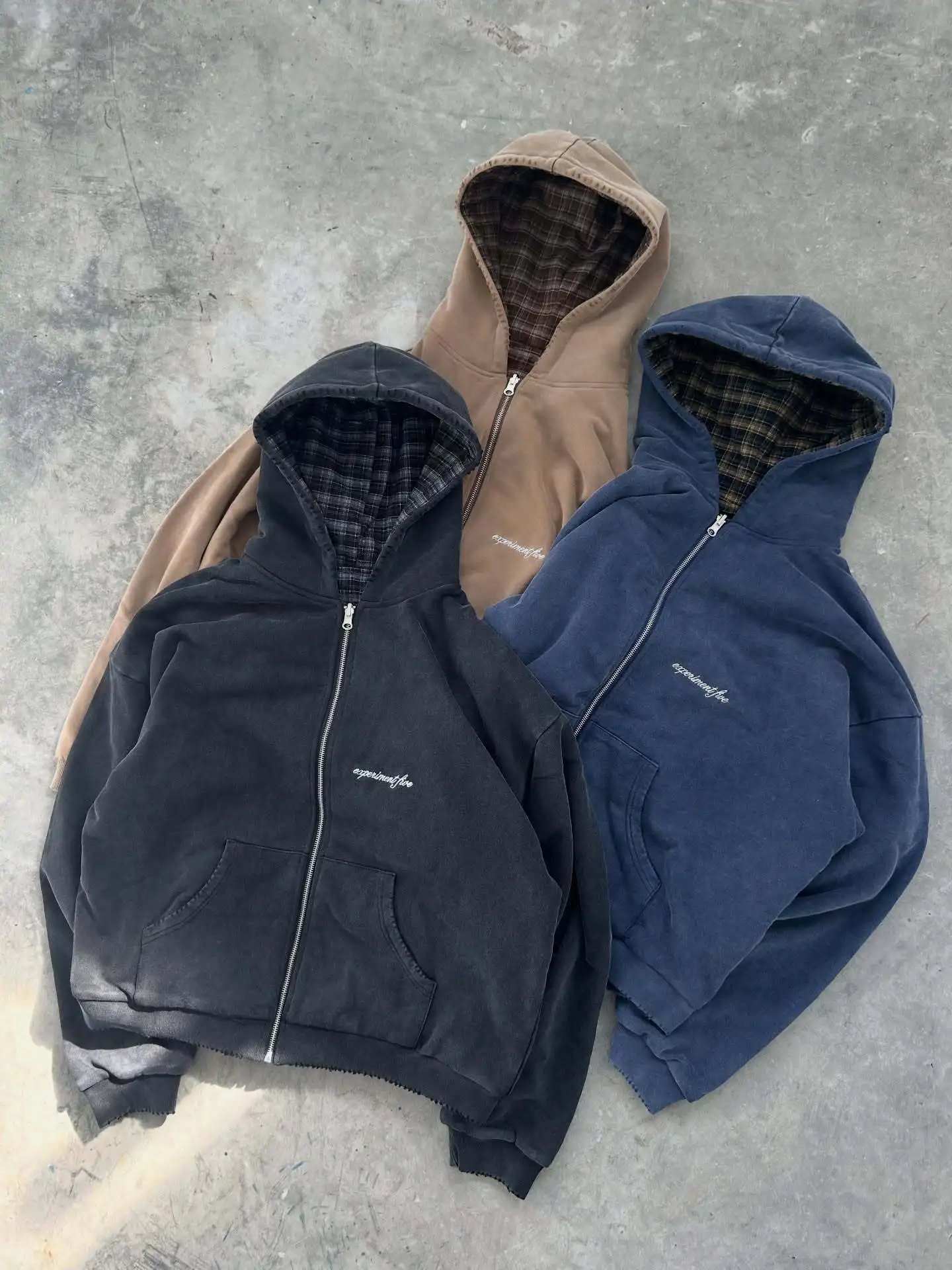 Y2K Vintage Washed Zip Up Hoodie Plaid Inner Lined Letter Embroidery Oversized Grunge Loose Streetwear Outerwear Jacket