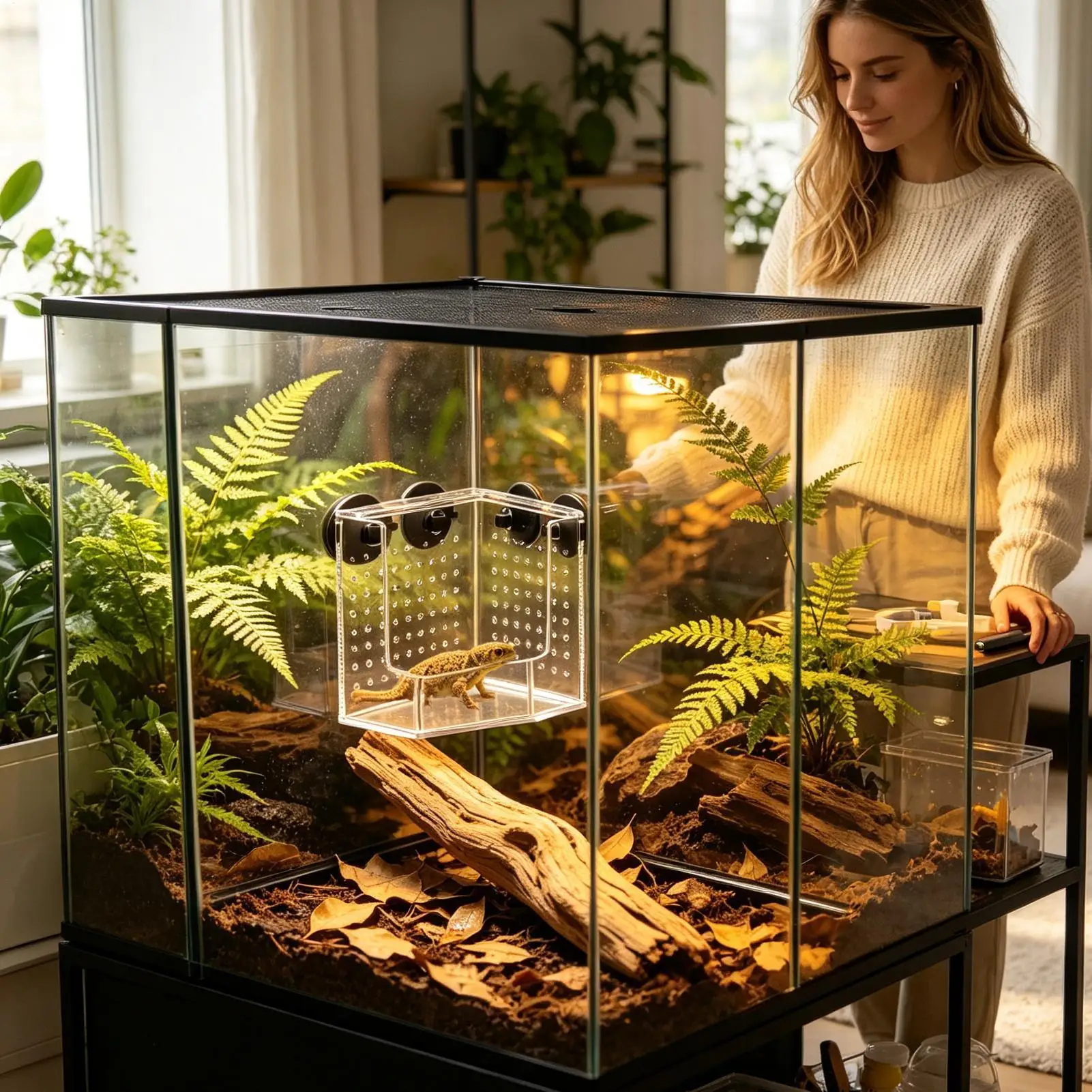 Reptile Feeder Box Transparent Acrylic Escape Proof Wall Mounted Snake Feeder Box for Bearded Dragon Snake Lizard Leopard Garden