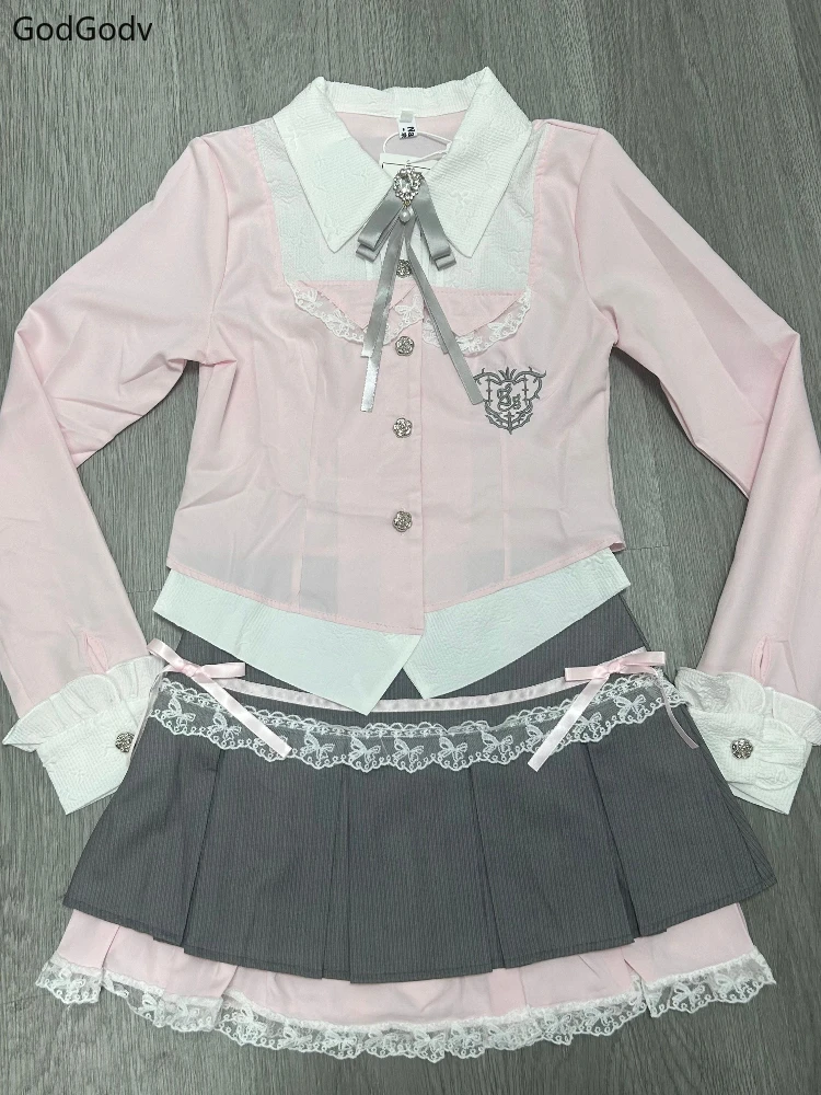 Spring Y2K Princess Outfits Women 2 Piece Sets Sweet Kawaii Bow Tops + Lace Pleated Skirt Female Retro Chic Preppy Style Clothes - Image 3
