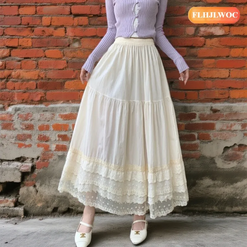 New Year Matching Cheongsam Qipao Skirts Retro Vintage Cute Girls Sweet Princess Romantic High Waist Ruffles Long Lace Skirts