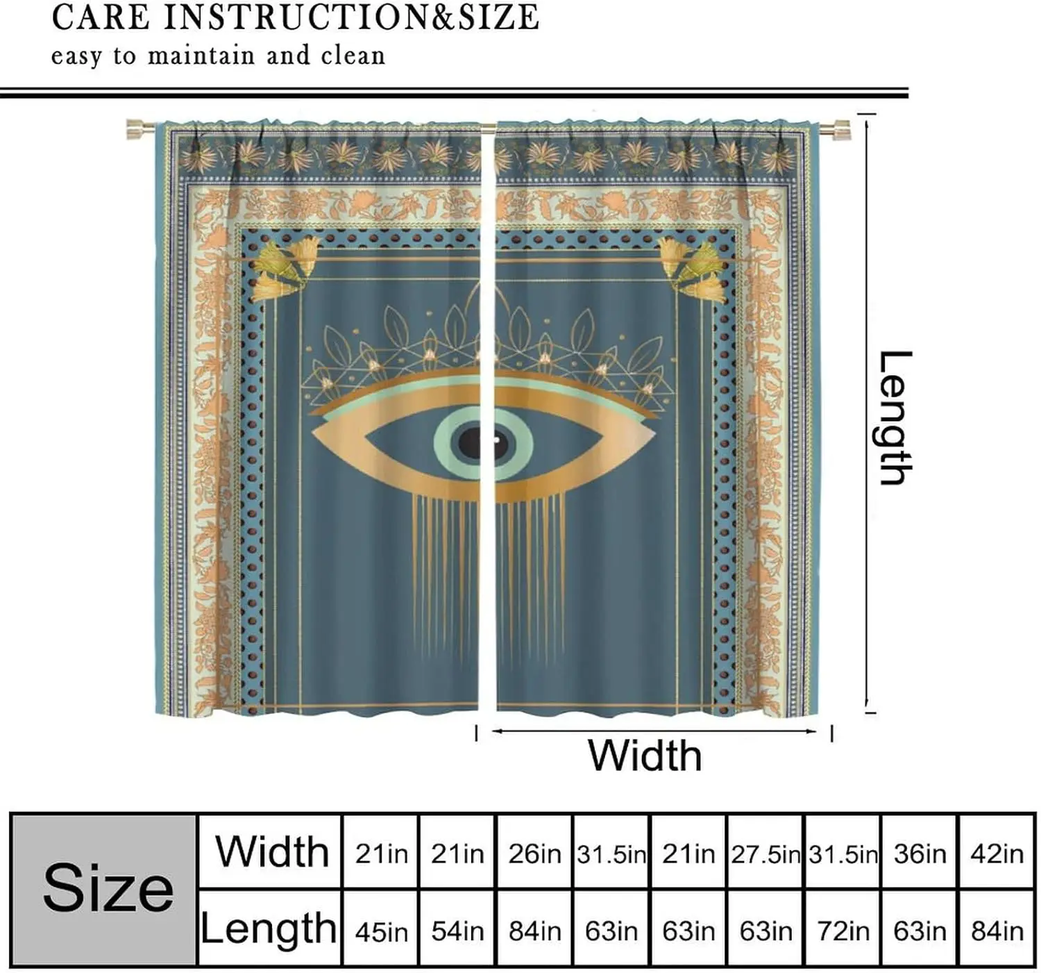 Evil Eye Decor Window Curtain,Boho Gold Blue Eye Style Prine Drapes for Home Kitchen Livingroom Coffee Room Window Curtain