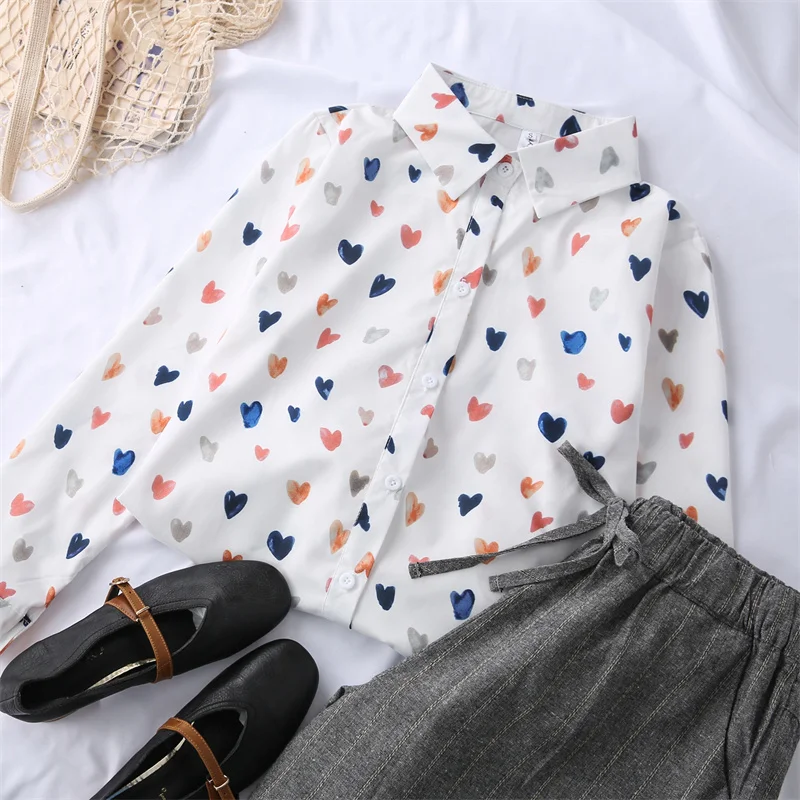 Vintage Love Print Button Up Long Sleeve Blouses for Women Casual Tops Autumn Shirts Office Wear Streetwear Chemise Femmes