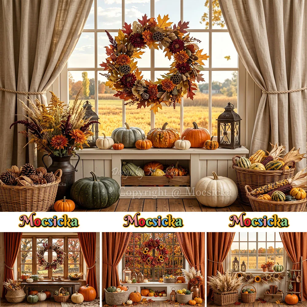 Mocsicka Autumn Window Backdrop Photography Pumpkin Curtain Lantern Farm Harvest Scene Background Thanksgiving Family Photobooth