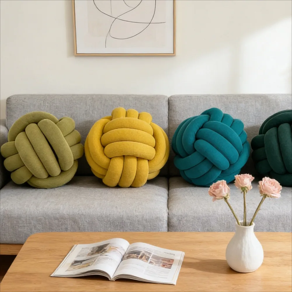 

Nordic Three Strand Rope Knotted Ball Throw Pillow Handwoven Decorative Lumbar Cushion Bedside Bay Window Home Use