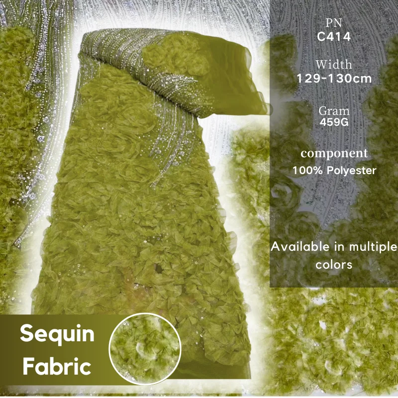 

Ribbon Embroidery 3D Floral Lace Fabric With Sequins Beads Chiffon Mesh Material For Ball Gown Dress African French Design Style