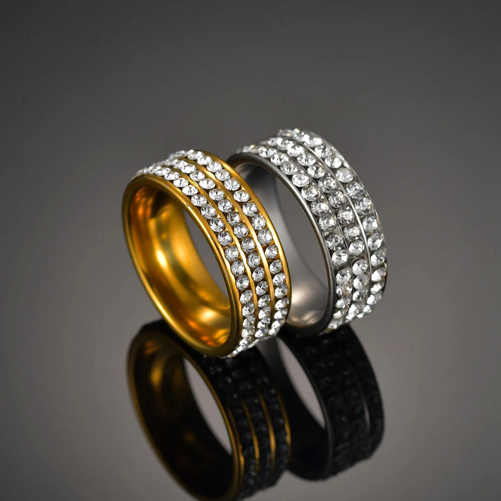 3 Rows Crystal Stainless Steel Ring Women for Elegant Full Finger Love Wedding Engagement Rings Jewelry Men Lady Female Gift