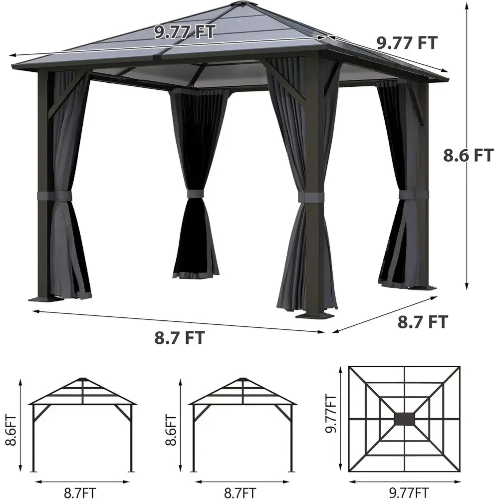 10x10 Hardtop Gazebo with Poly Roof and Steel Frame, Outdoor Pavilion with Gray Curtains and Netting for Backyard, Lawn, Garden,