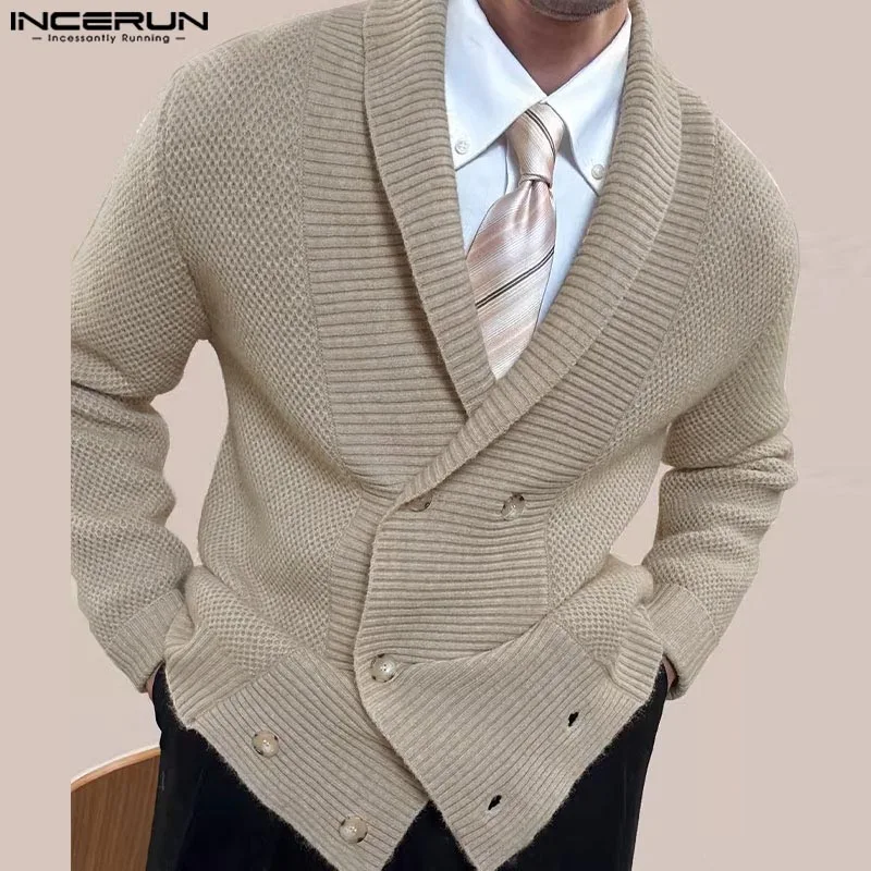 INCERUN Men Cardigan Solid Color Knitted V Neck Long Sleeve Double Breasted Casual Sweaters Streetwear 2024 Fashion Outerwear