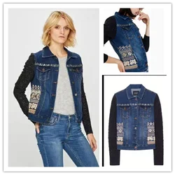 Spain  fashion heavy industry embroidery women's Denim stitching wool sleeve spring and autumn jacket hot sale coat