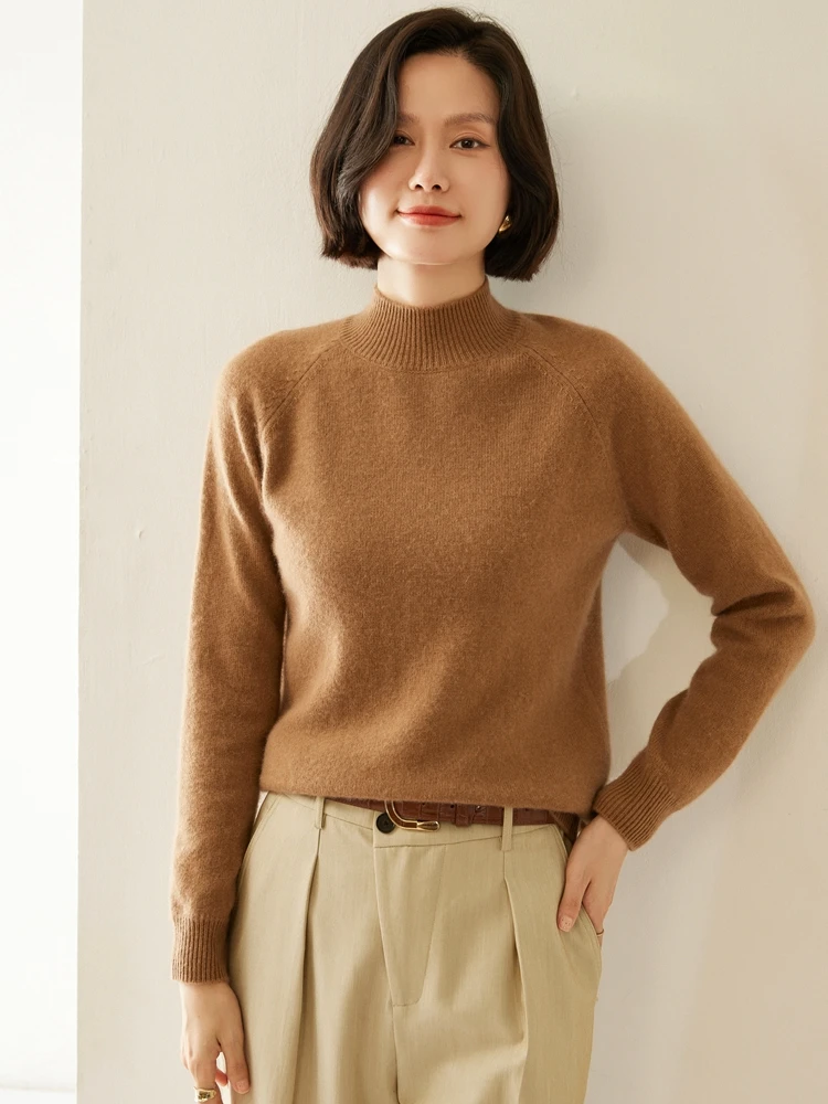 

TLOML New Autumn Winter 100% Cashmere Sweater Women Raglan Sleeve Mock Neck Slim Pullover Basic Thick Soft Warm Long Sleeve Top