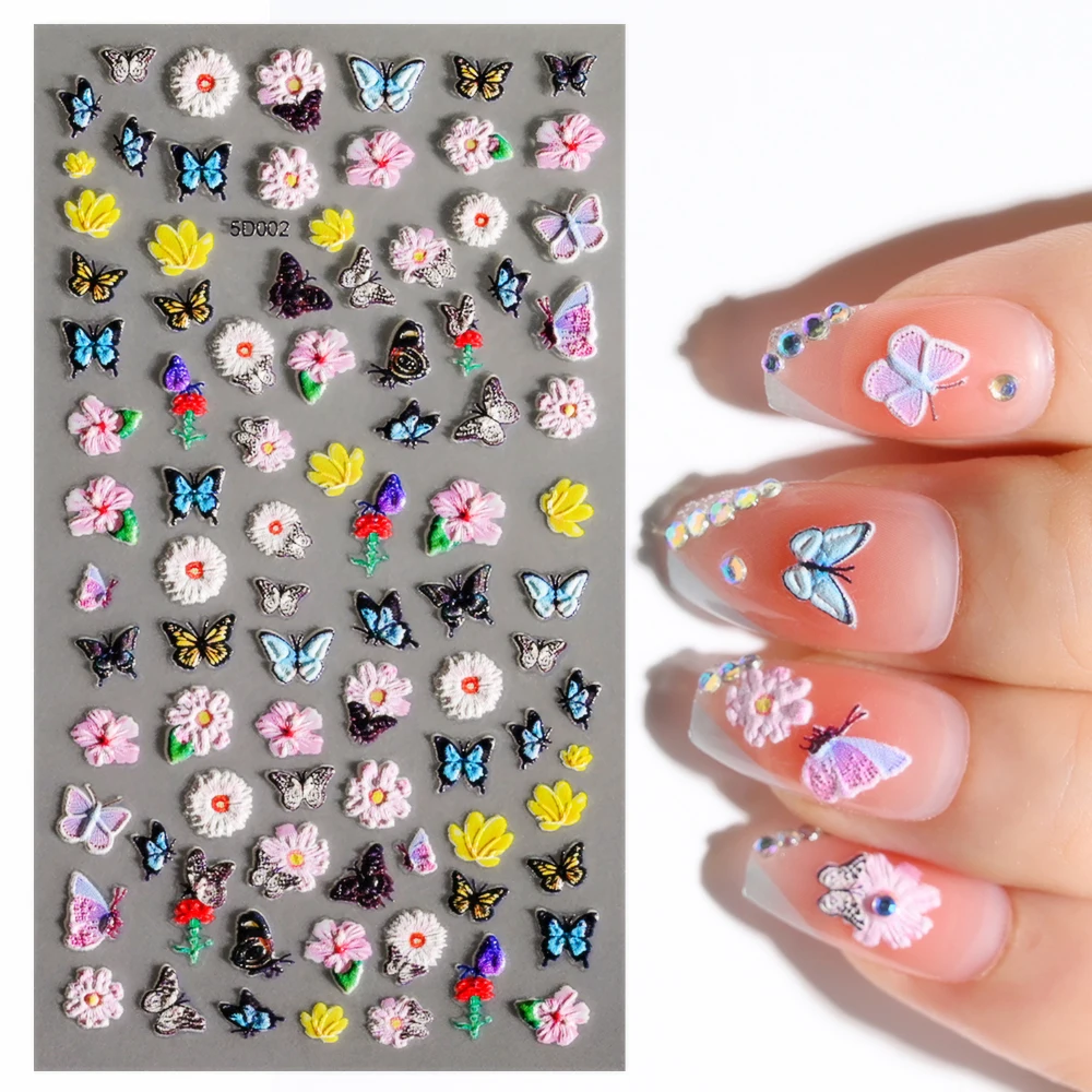 1PC Butterfly 5D Soft Embossed Nail Art Sticker Simulation Colorful Flowers Nail Decals Adhesive Relief Manicure Supplies Decor*