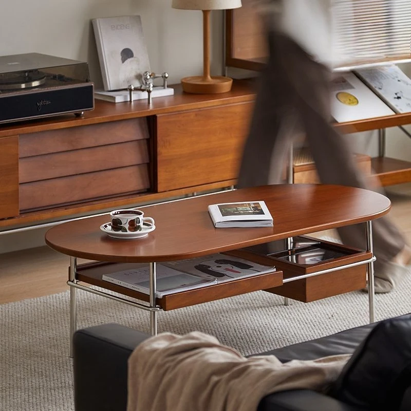 living room solid wood retro small apartment small table household simple oval Japanese stainless steel tea table