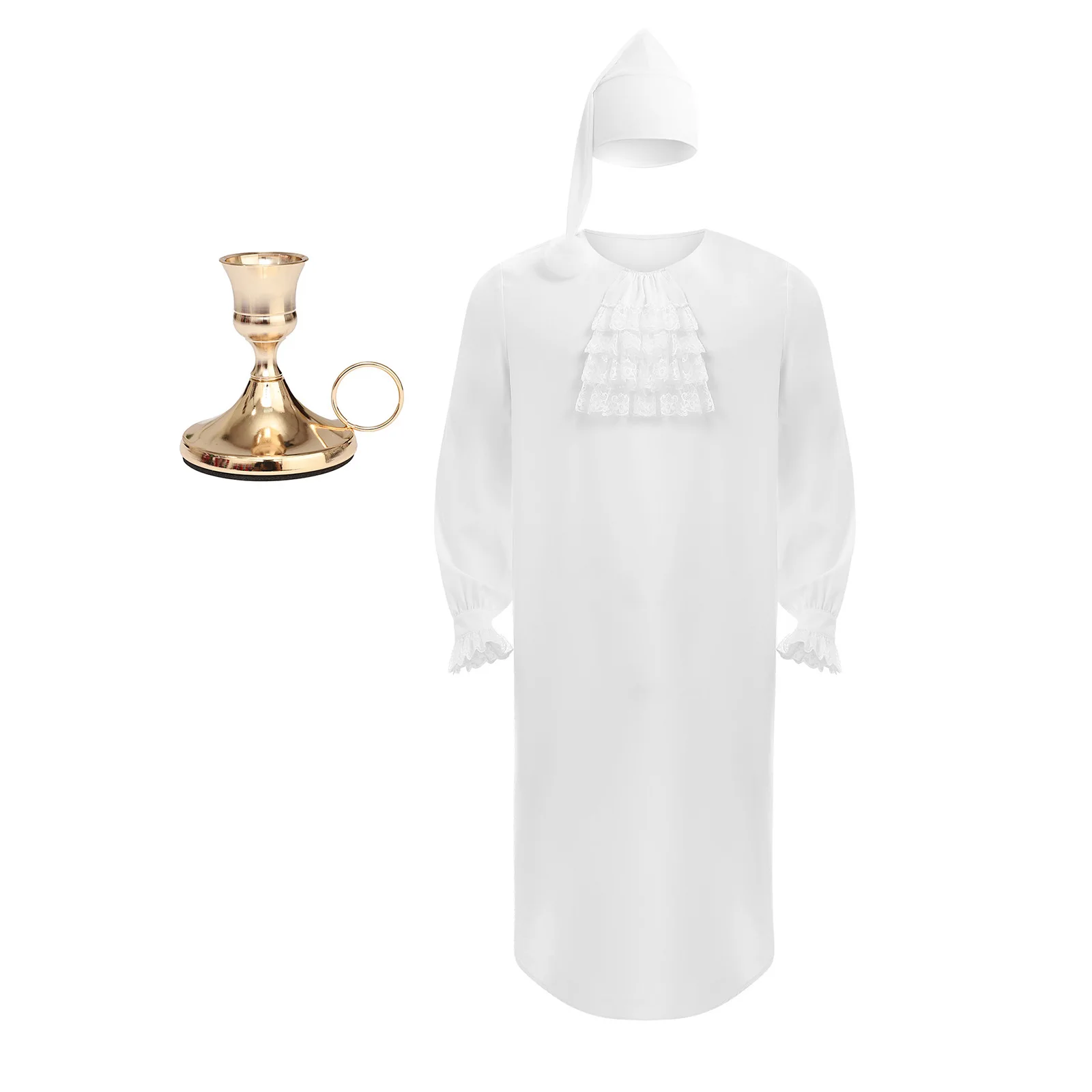 Mens Victorian Nightgown Set Long Sleeve Lace Trim Ruffled Collar Night Dress Robe with Hat Candle Holder for Halloween Cosplay