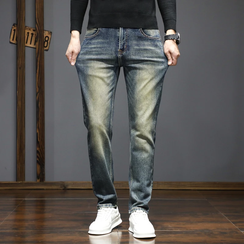 High-quality American retro jeans men's 2025 autumn new micro-elastic popular wear-resistant wash slim straight pants
