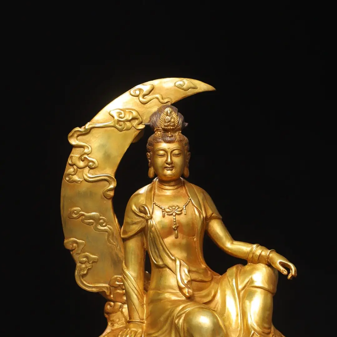 Handmade Antique Pure Copper Gold Plated Moon Water Avalokitesvara Statue Creative Home Altar Ornament Gift