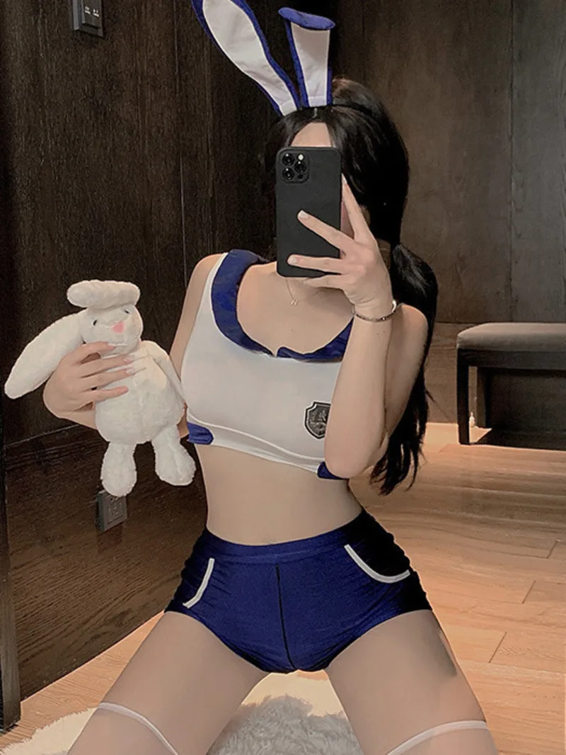 

Sexy Bunny Girl College Style Sexy Uniform Shorts Sets Charming Women's Shorts Sets Backless Deep V Sleeveless Pure Desire 92FN