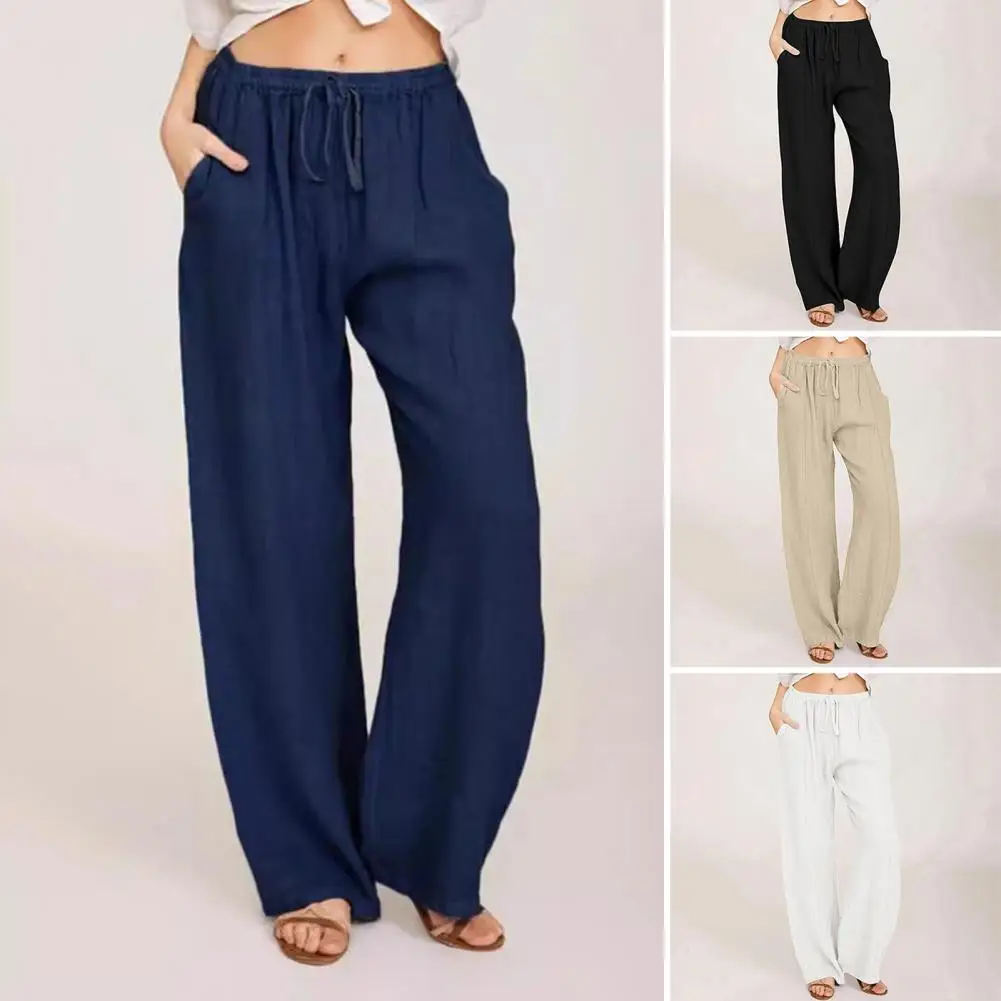 Женские брюки для йоги с завязками на талии, повседневные летние брюки до щиколотки с карманами, однотонные свободные длинные брюки