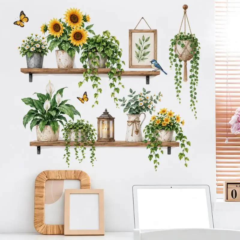 Non-Toxic Sunflower Wall Decals Realistic Green Vine Butterfly Potted Shelf Stickers for Baby Nursery Room Wall Decor