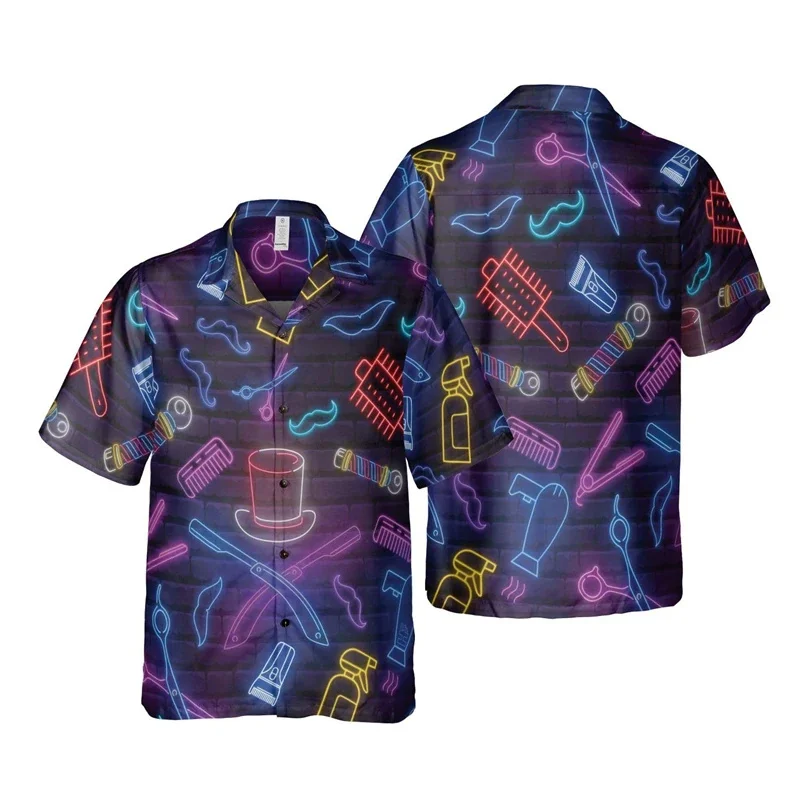 Barber Tools Pattern Hawaiian Shirt For Men Colorful 3D Print Blouses Fashion Profession Short Sleeve Shirts Button Lapel Tops
