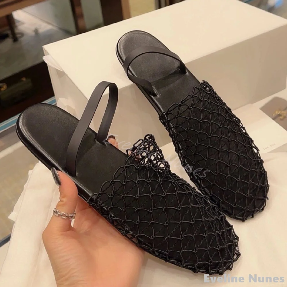 

Leather Back Strap Elastic Fishnet Flat Sandals Women Round Toe Roman Shoes 2025 Summer New Hollow Comfortable Beach Slippers