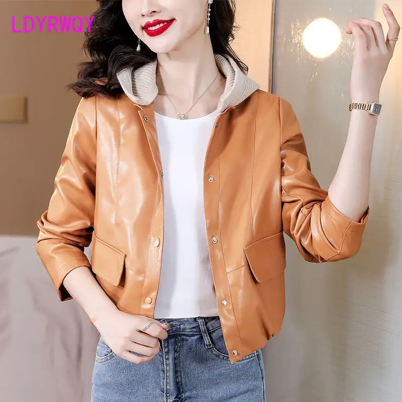 

Hooded leather jacket for women's short 2023 spring wear new motorcycle wear PU leather jacket jacket