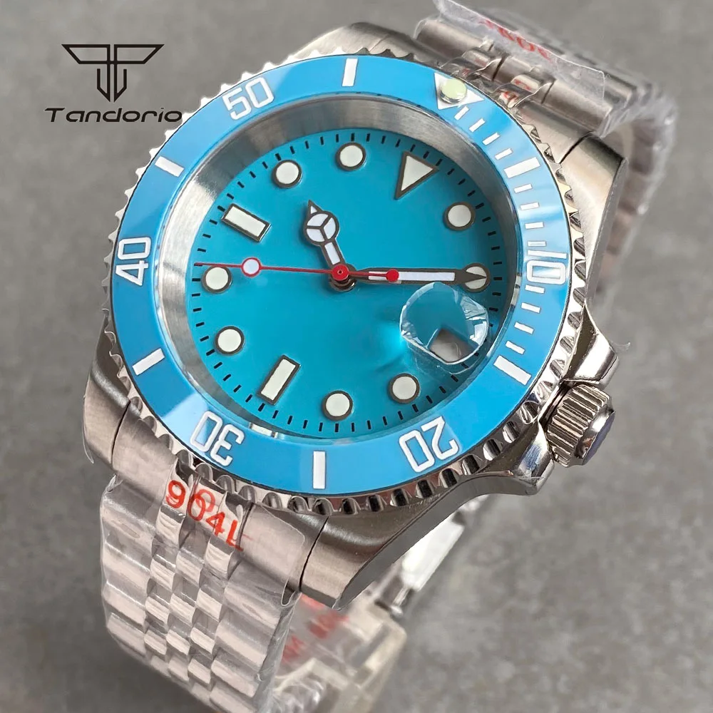 Tandorio NH35 Sky Blue Dial Sapphire Stainless Steel 40mm Mechanical Automatic Watch Date 120 Clicks Bezel Men\'s Wristwatch Lume