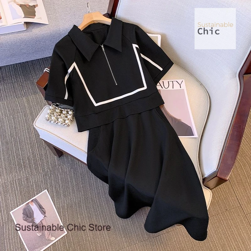 

Korean plus size stitching fake two-piece dress female summer new chubby younger sister loose slim doll collar A-line skirt