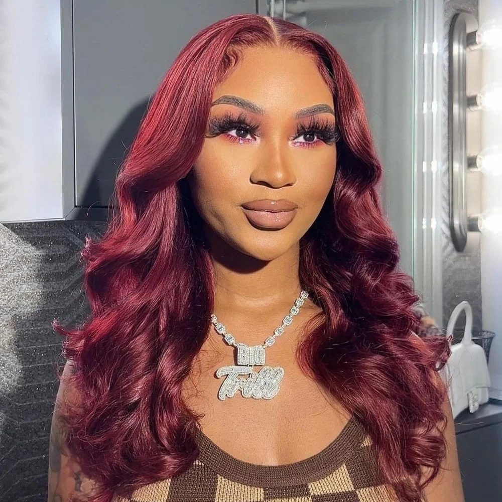 

Body Wave 13×4 Lace Front Wigs Human Hair Burgundy 220 Density Transparent Pre Plucked Lace Frontal Wig For Women Red Color 99J
