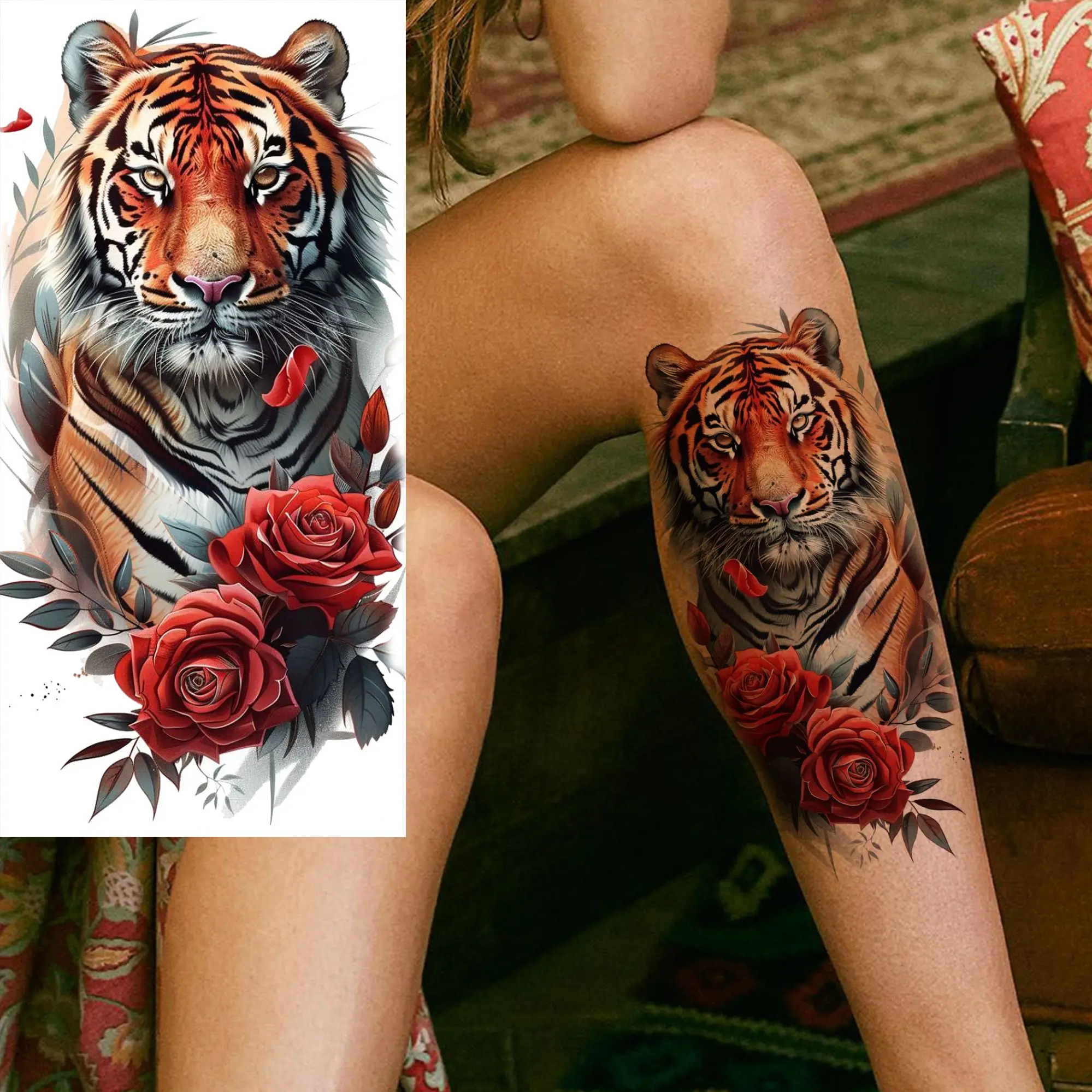 1 Sheet Butterfly Watercolor Flower Tiger Temporary Tattoos For Women Men Adults Fake Phoenix Parrot Lotus Tattoo Sticker Sleeve