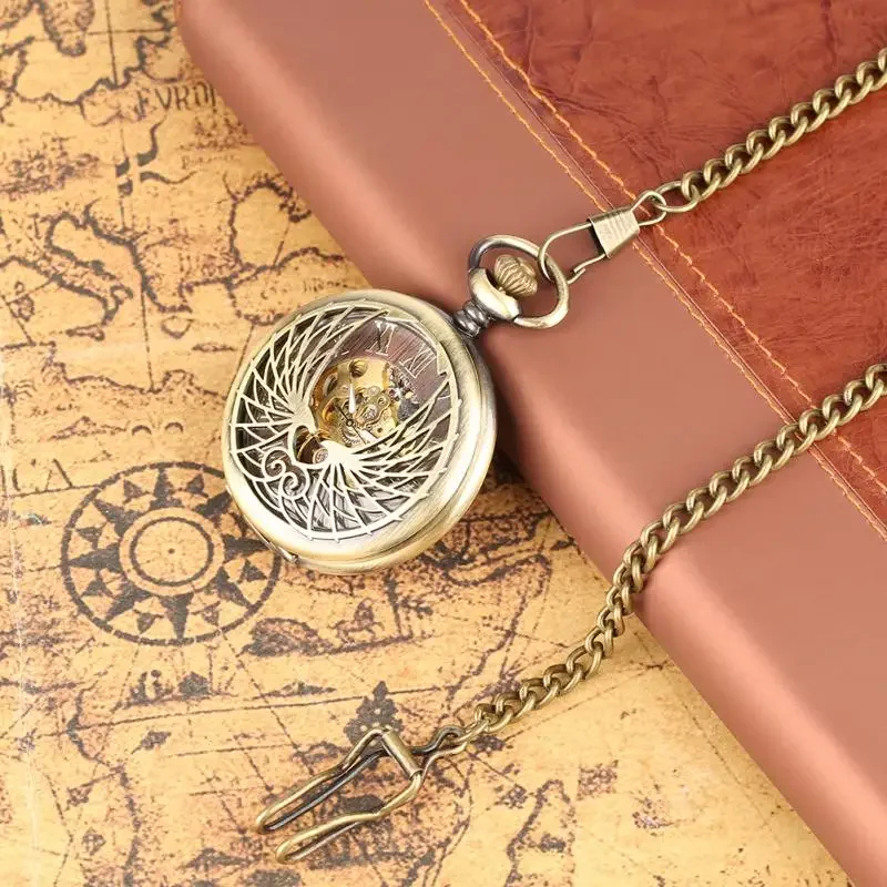 Bronze/Black Hollow Out Case Unisex Hand-winding Mechanical Pocket Watch Roman Numerals Display Pendant Chain Fob Clock Gifts