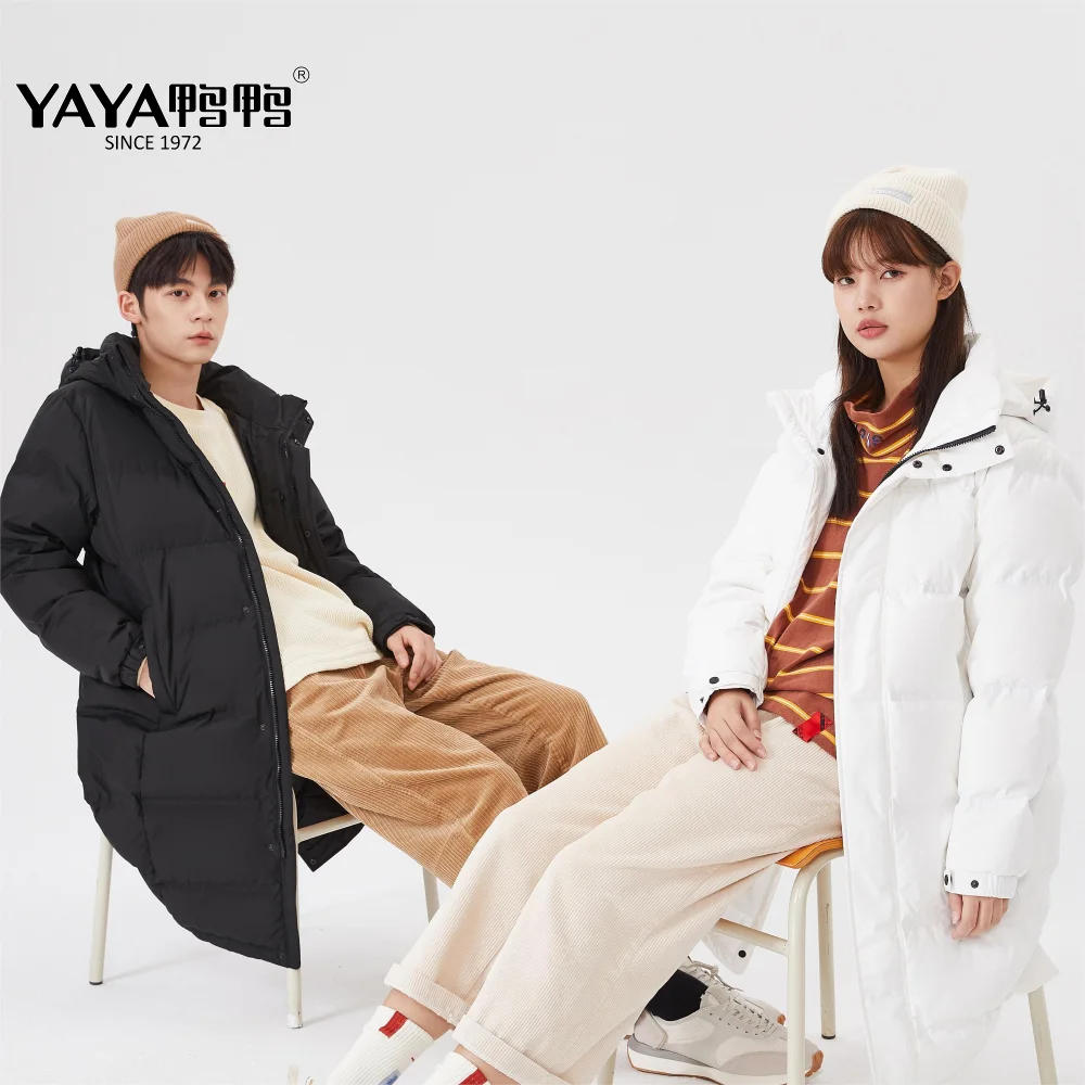 

YAYA 2022 Women & Men Down Jacket hood Windbreak Couples Version Winter Long Loose Type Pocket Overcoat Thick Padded Parkas