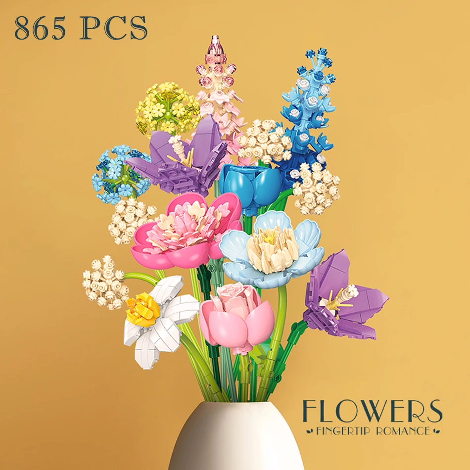 Decorazioni per la casa creative Bouquet di fiori eterni Blocchi di costruzione Rosa Narciso Peonia Pianta simulata Mattoni Giocattolo Regalo di San Valentino